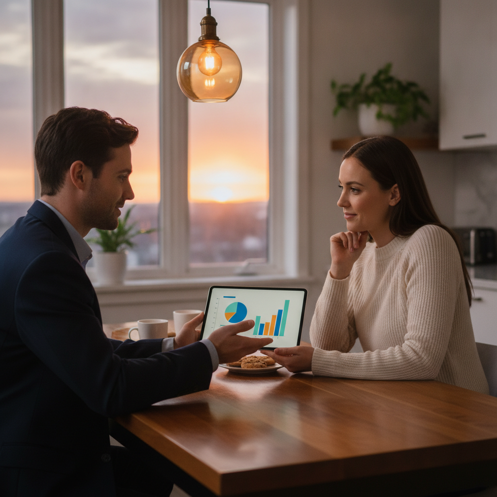 Mortgage broker and client reviewing loan options on a tablet during an online comparison session