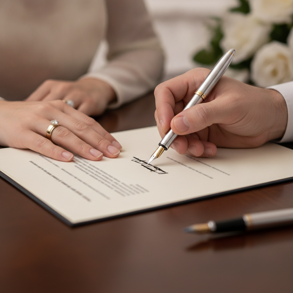 Signing a premarital agreement in Ontario with wedding rings visible – clear, plain‑English marriage contract