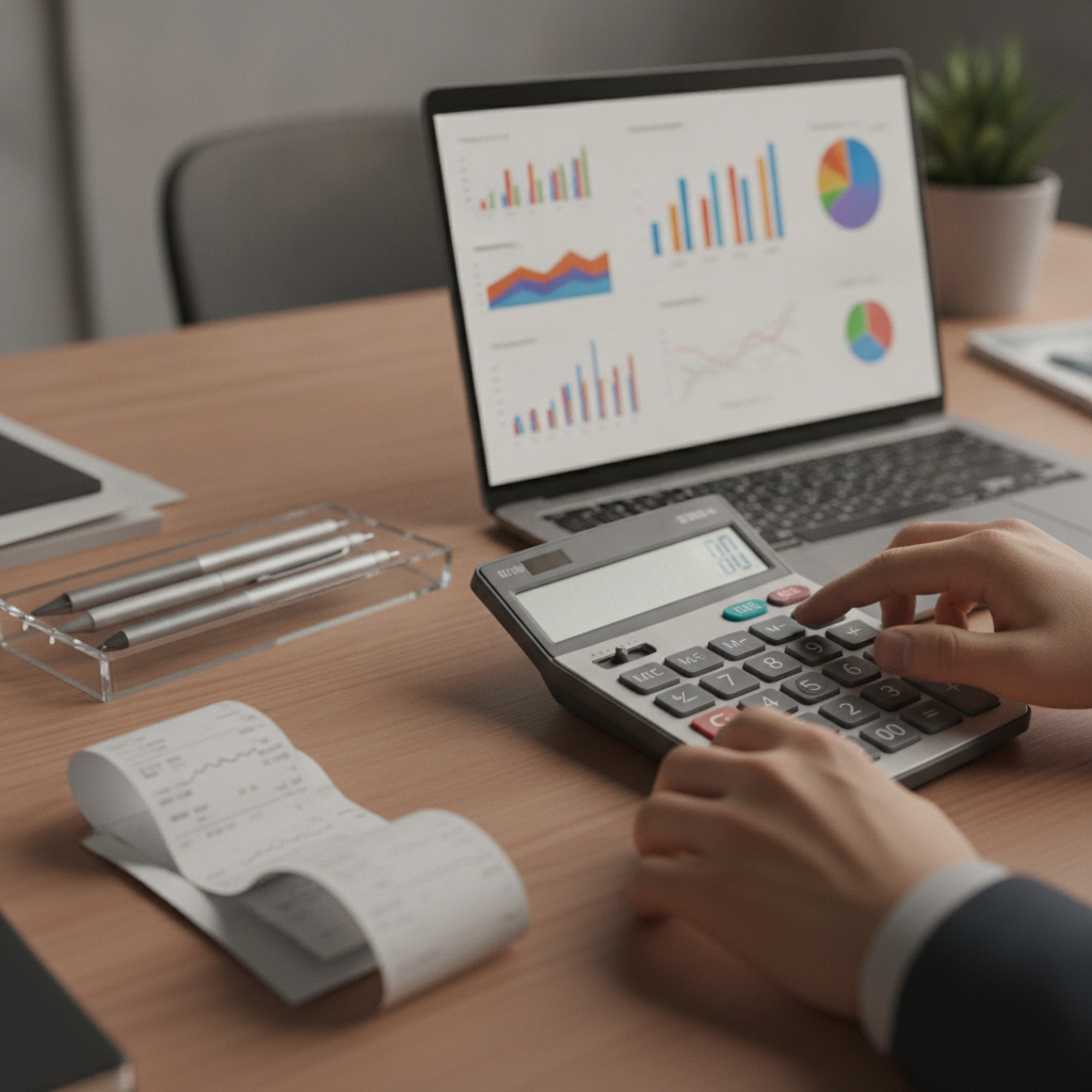 Close-up of Parramatta small-business bookkeeping: calculator, laptop, reconciliations for BAS and monthly close