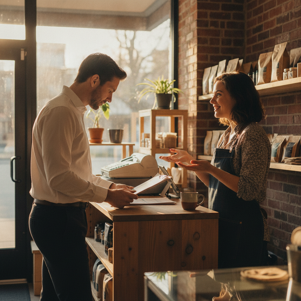 Parramatta accountant meeting a local shop owner to review payroll, STP, and monthly numbers