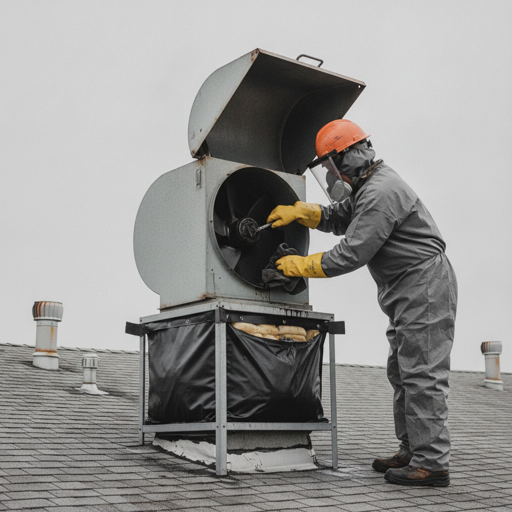 Technician cleaning a rooftop exhaust fan housing and blades during a commercial kitchen exhaust cleaning process