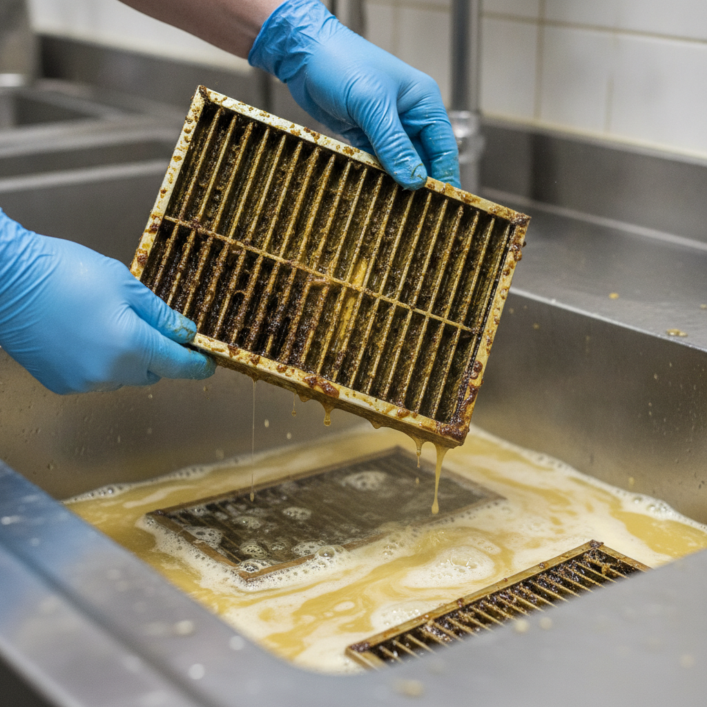 Baffle filters soaking in degreaser during a commercial kitchen exhaust cleaning process in Ontario