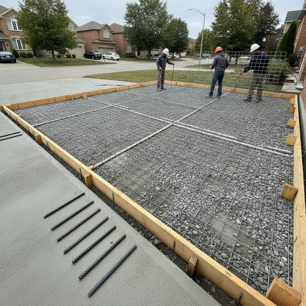 Crew placing welded wire mesh in a Woodbridge driveway; edge dowels and control joints visible for a clean pour