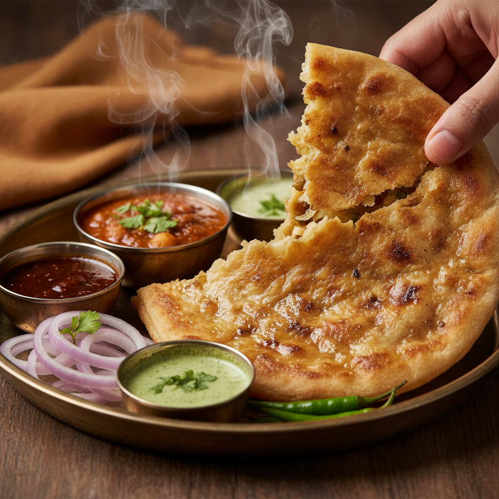 Close-up of Amritsari kulcha with chole and chutneys at an Indian Punjabi restaurant in Brampton