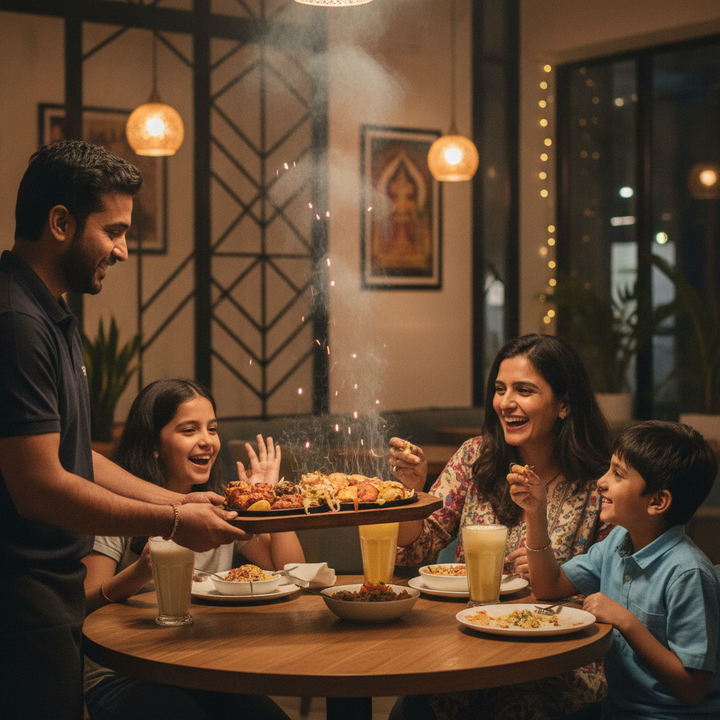 Cozy Punjabi restaurant in Brampton serving a sizzling tandoori platter to a family with chaat and lassi