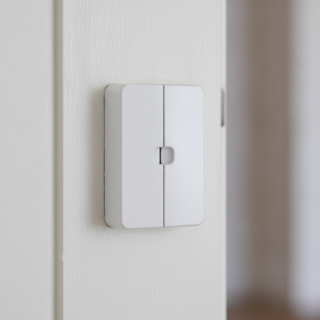 Close-up smart door contact sensor aligned within a 5–8 mm gap on an interior frame for reliable home security automation in Brampton
