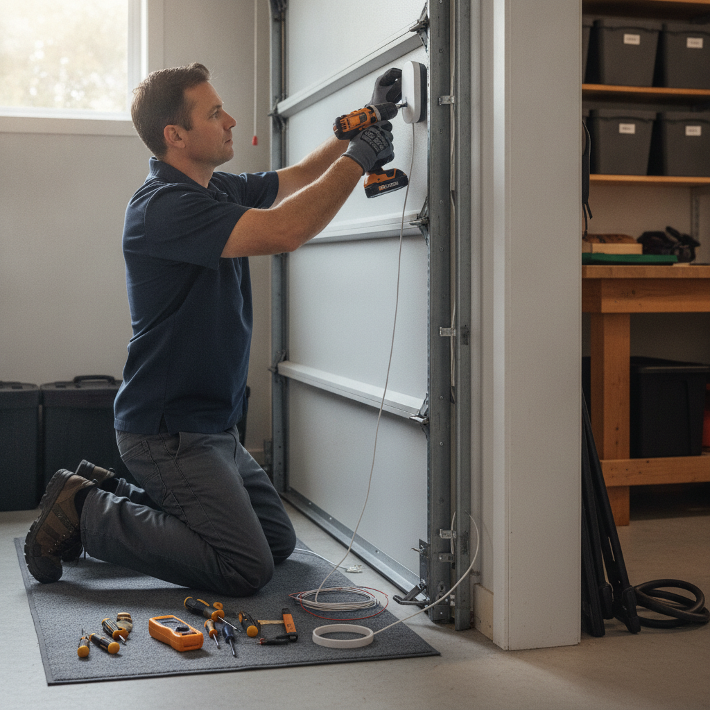 Technician installing a smart sensor on a garage side door during professional setup for a Brampton home