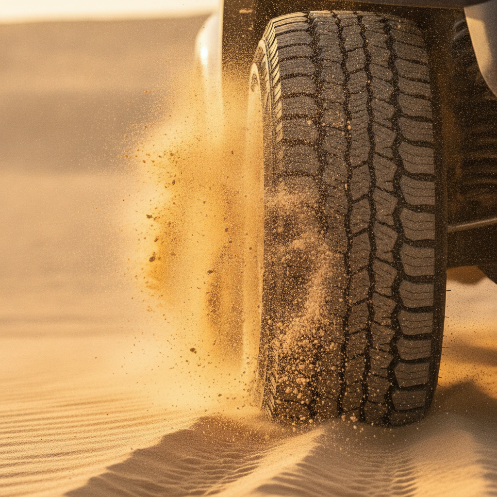 Dubai desert safari close‑up: SUV tire carving soft sand during an evening excursion