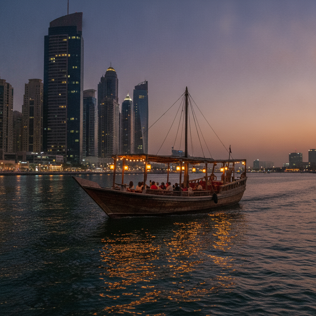 Traditional wooden dhow gliding on Dubai Creek at blue hour with city lights reflecting