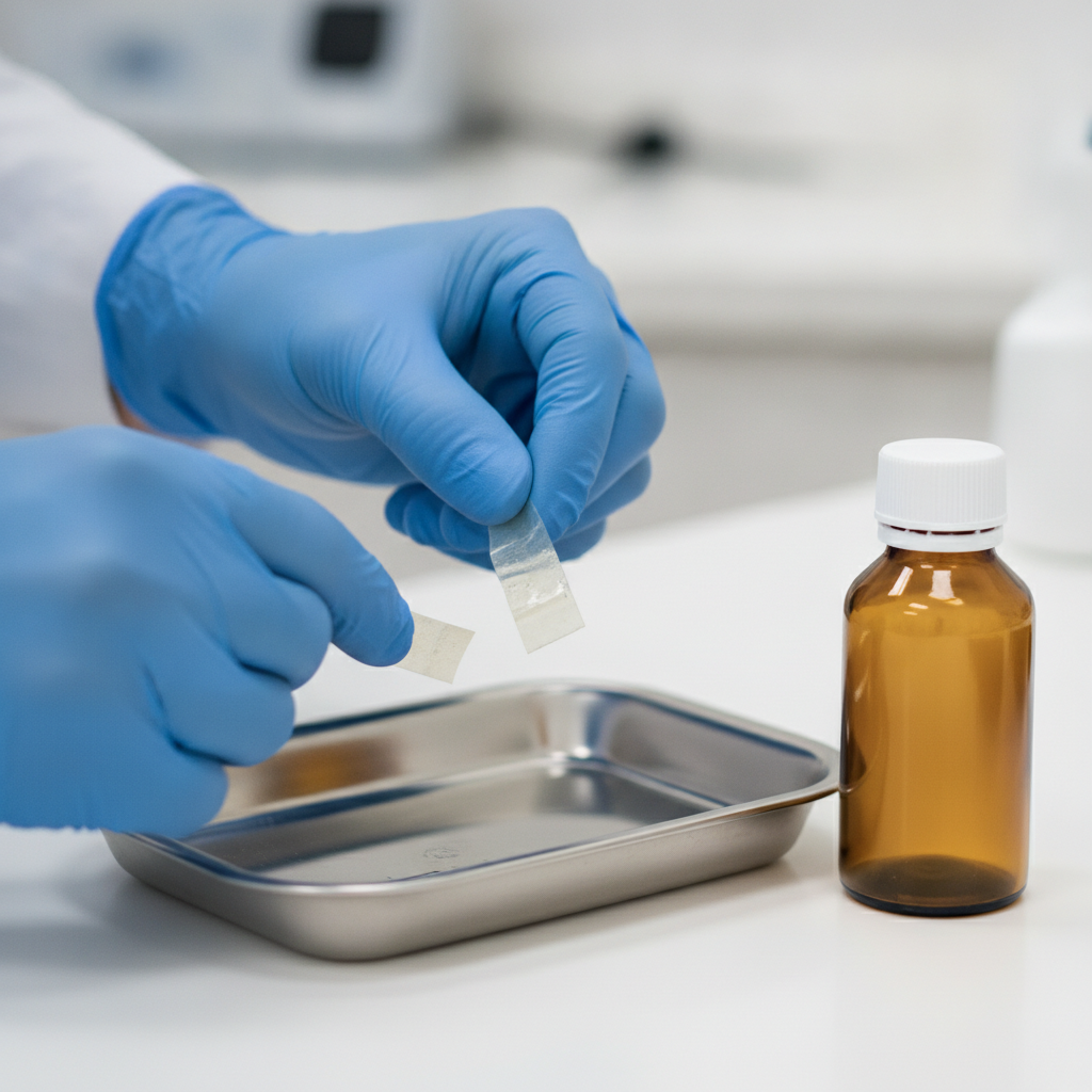 Detail of MAT Suboxone program: clinician preparing sublingual films in an Ontario outpatient clinic