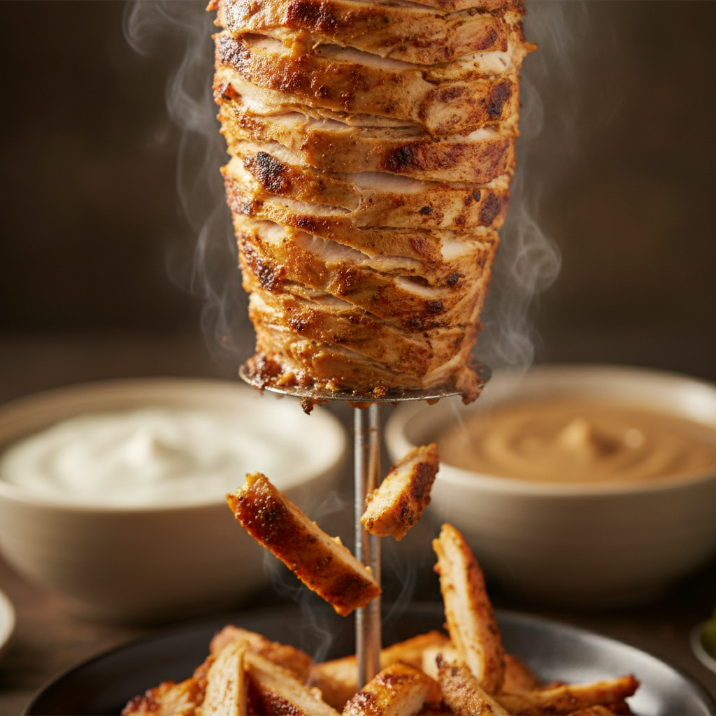 Close-up of chicken shawarma carved from rotisserie for halal-friendly lunch in Toronto