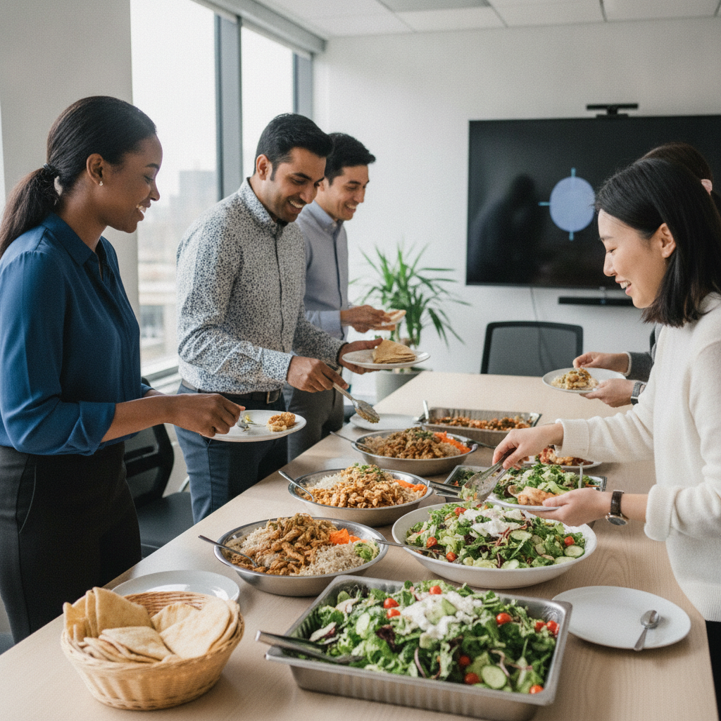 Office team in Toronto sharing halal-friendly catered shawarma lunch platters