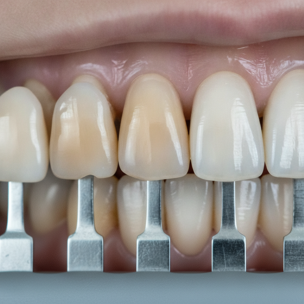 Close-up dental shade guide next to natural teeth before professional whitening at a Scarborough clinic