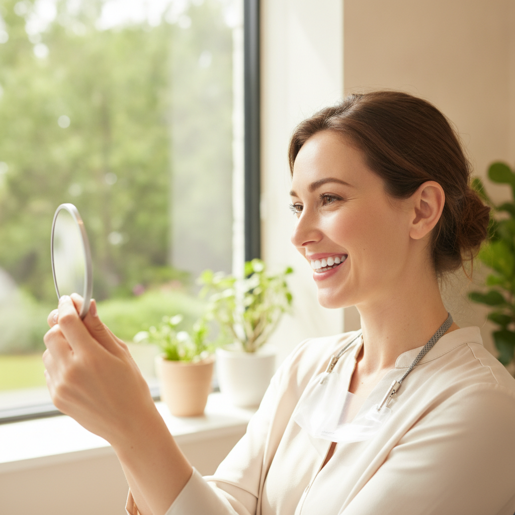 Smiling patient viewing brighter teeth in a handheld mirror after professional whitening in Scarborough