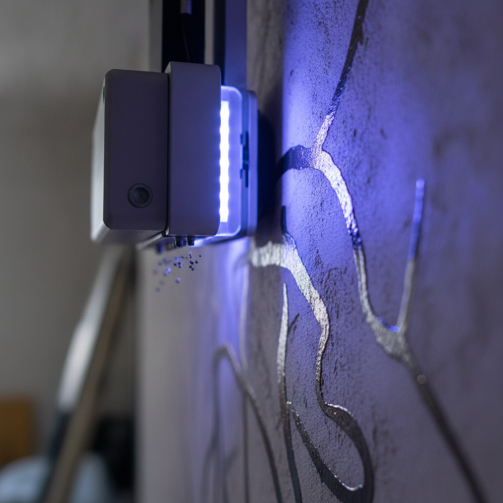 Close-up of UV print head curing ink directly onto an interior wall, showing high-resolution detail for direct-to-wall printing