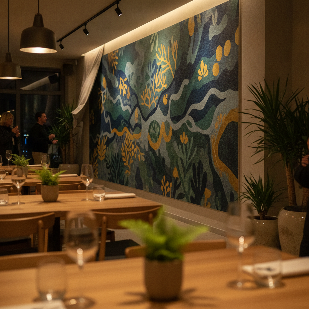 Restaurant feature wall revealed after direct-to-wall UV printing, showing a vivid mural integrated into a Brampton dining space