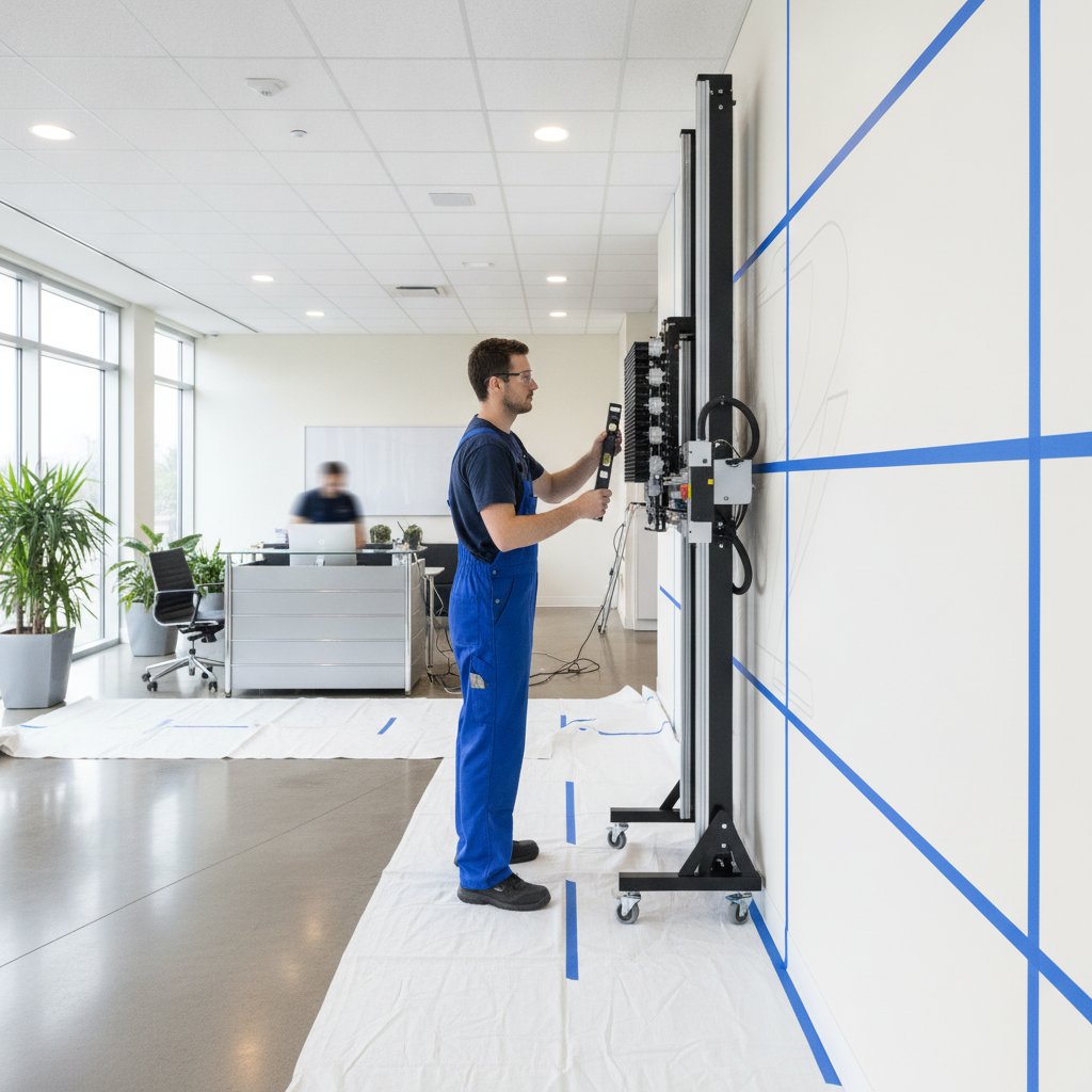 Technician aligning a direct-to-wall UV printer in a Brampton office lobby, with floor protection and precise tape guides