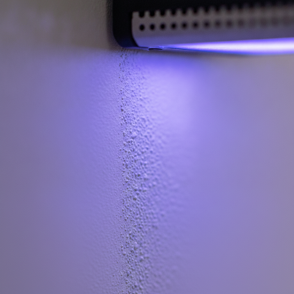 Close-up of UV printer curing ink directly on a prepared interior wall in Brampton, showing crisp texture and seamless finish