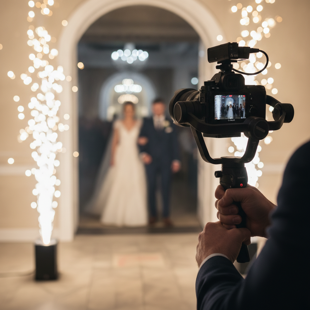 Event reel shot list filming: close-up of videographer capturing grand entrance with cold spark effects at a South Asian Oakville wedding