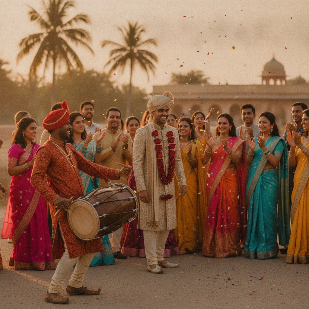 Event reel shot list must-haves: side-angle baraat procession in Oakville with dhol leading and family dancing