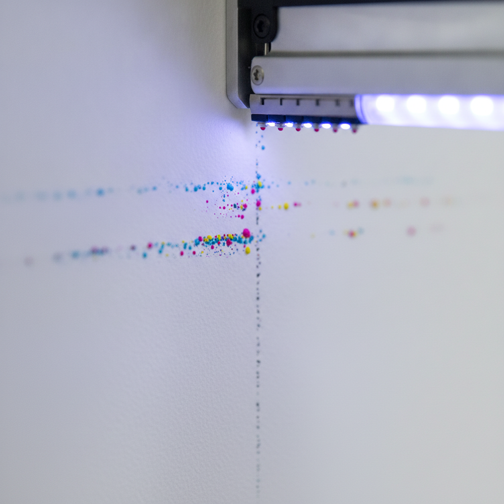 Close-up of the direct-to-wall printing process with a UV print head curing ink for a high-resolution mural