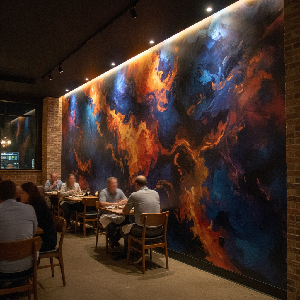 Finished restaurant feature wall in Brampton printed directly on the wall using UV inks, seamless edge‑to‑edge mural