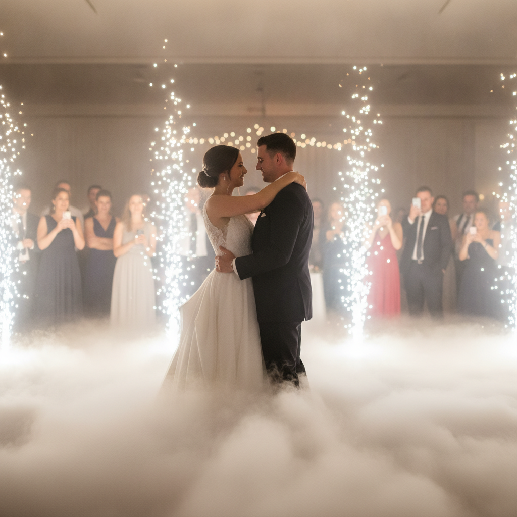 First dance in Oakville with cold sparkler fountains and low fog for a cinematic anniversary moment
