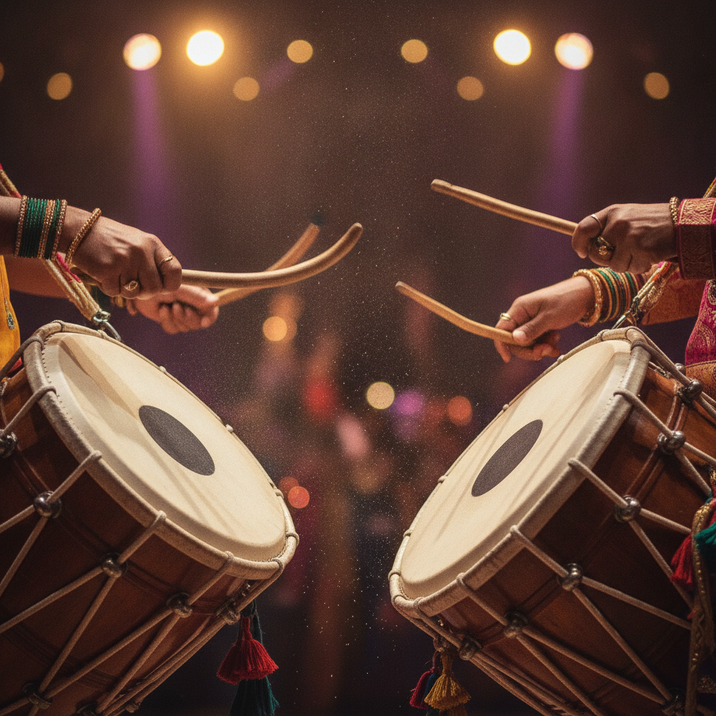 Close-up of live dhol performance accenting an Oakville anniversary party dance floor