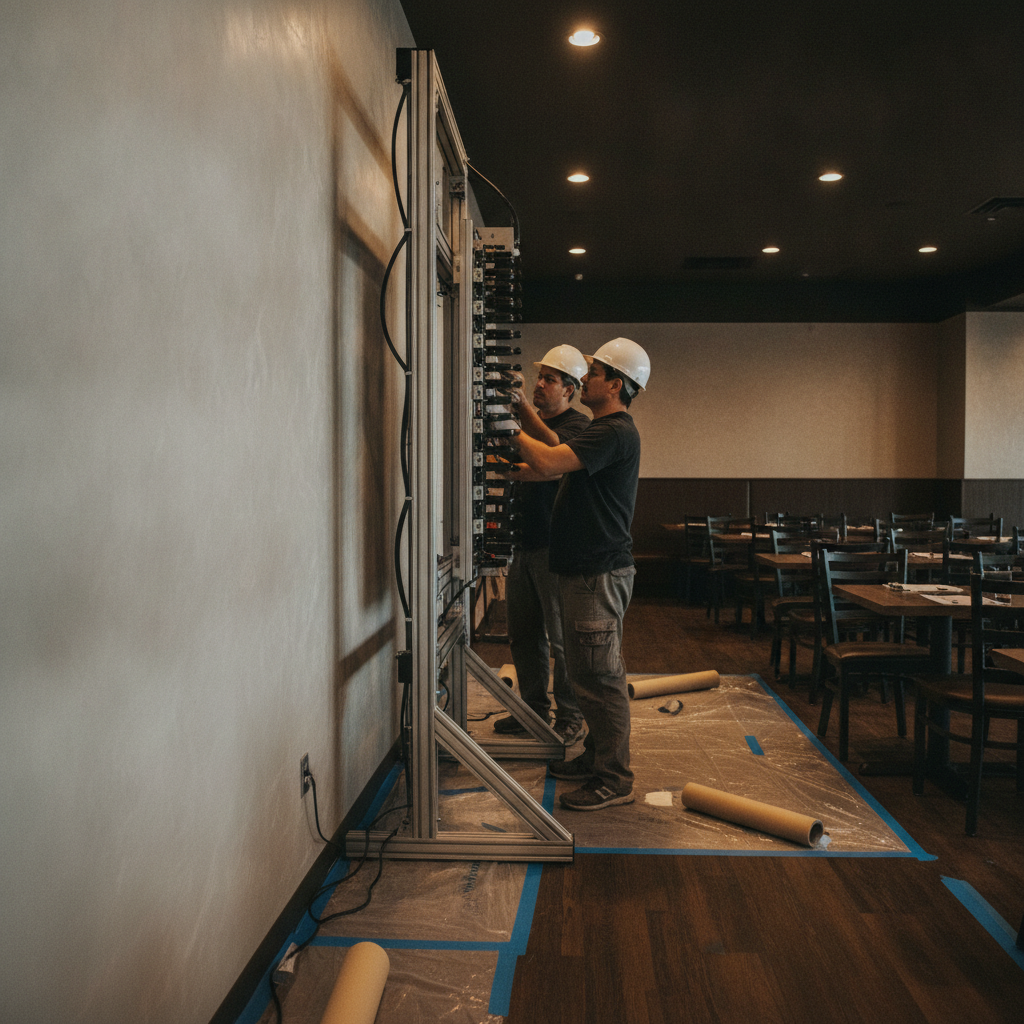 Technicians aligning a UV wall printing rig during an off-hours restaurant installation in Brampton