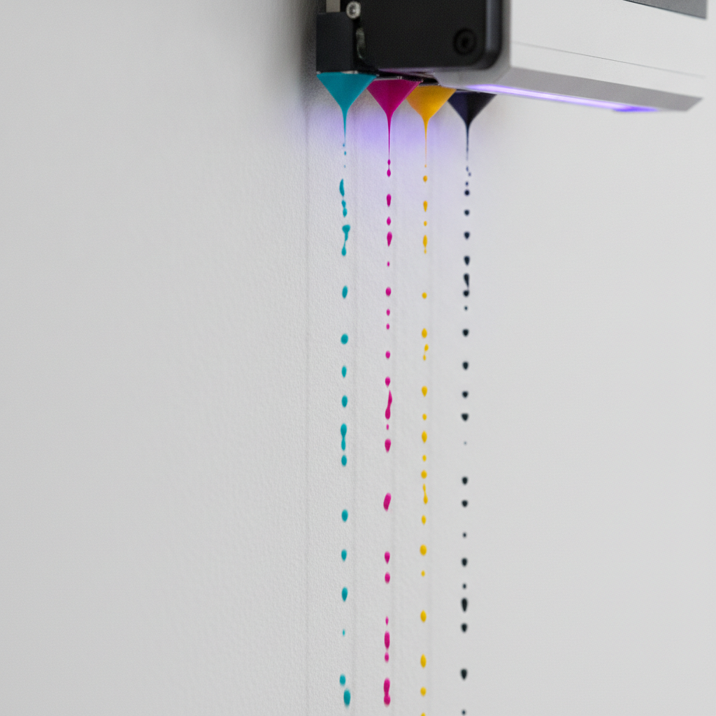 Close-up of UV wall printer depositing CMYK ink droplets during direct-to-wall printing for restaurant branding