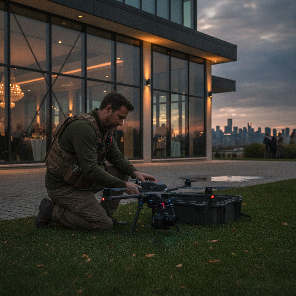 Drone operator preparing aerial wedding coverage outside an Oakville banquet venue