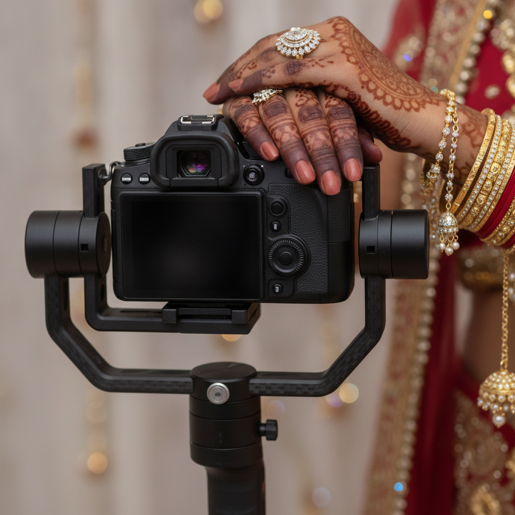 Gimbal camera filming bridal details for a South Asian wedding event videography deliverables checklist