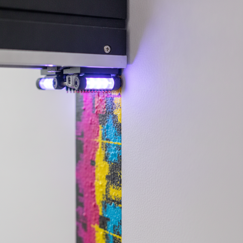 Close-up UV printhead curing ink on a primed interior wall, showing crisp detail and seamless custom wall mural finish