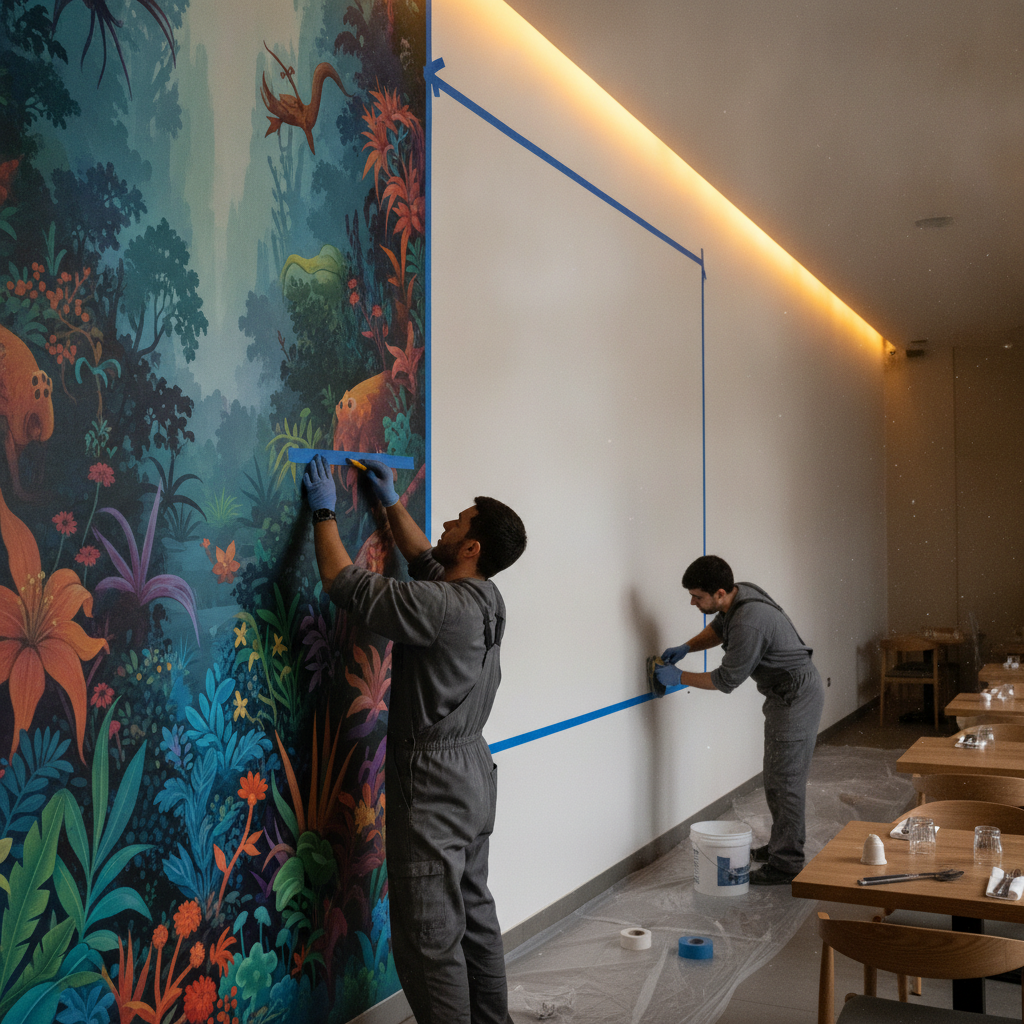 Restaurant interior mid-install: vivid direct-to-wall UV mural beside an unprinted section showing before/after contrast