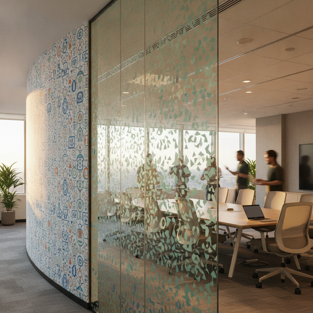 Conference room culture wall with seamless UV-printed icons and patterns across a corner in a Brampton office