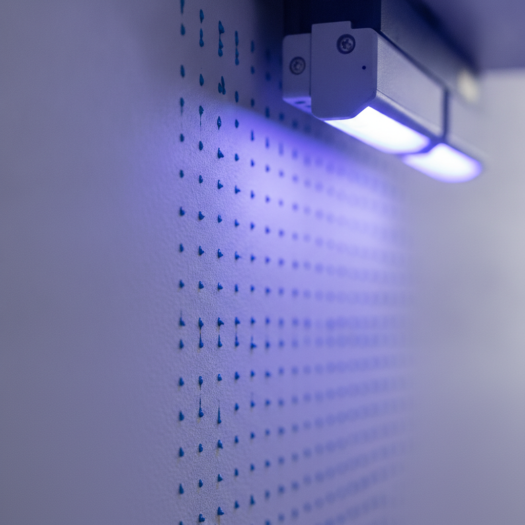 Close-up of UV direct-to-wall print head curing ink on a prepared office wall, showing crisp color and detail for branding