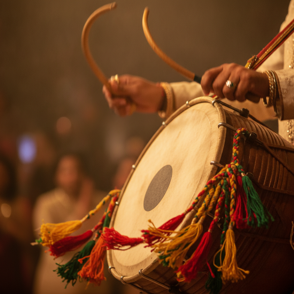 Live dhol detail shot energizing a roka entrance; hands striking the drum, cultural music moment