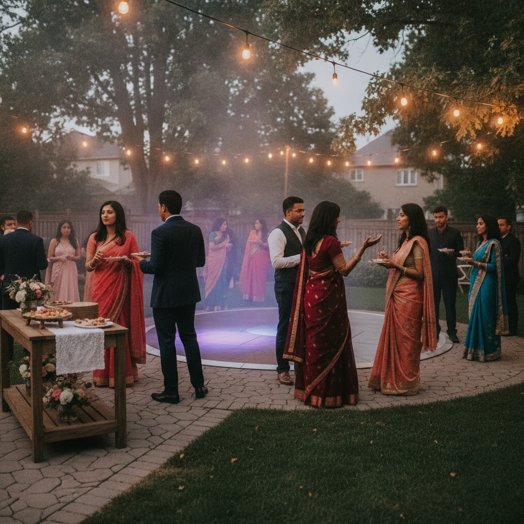 Backyard roka in Oakville with string lights, soft uplighting, and guests gathered around a styled backdrop