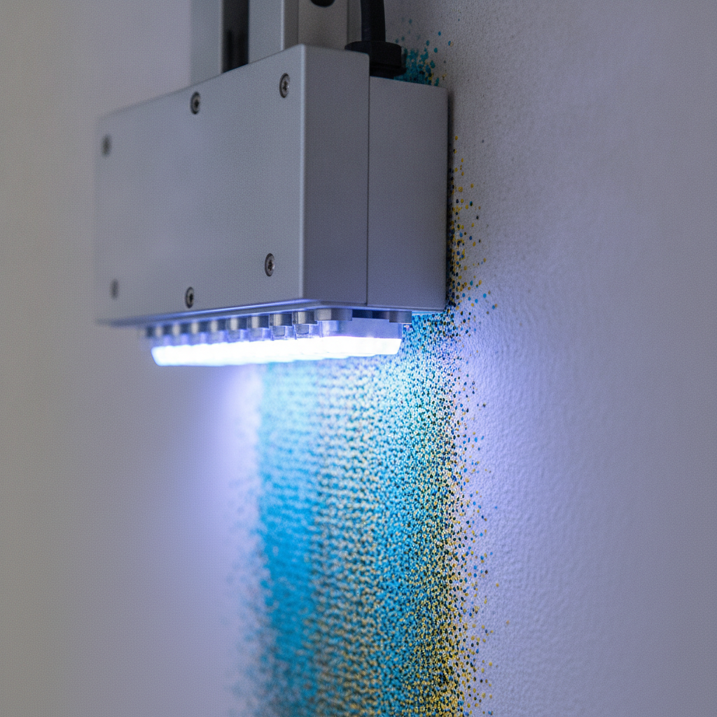 Close-up of direct-to-wall UV printing head curing ink on a prepared retail wall, showing crisp CMYK detail for store graphics