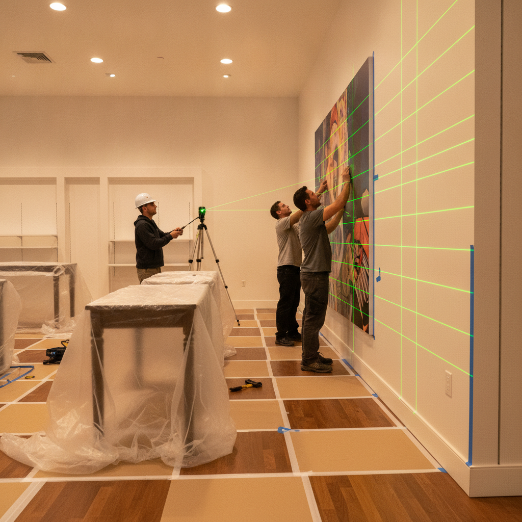 Retail installers aligning a large mural with lasers and masking, coordinated on-site print workflow inside a Brampton store