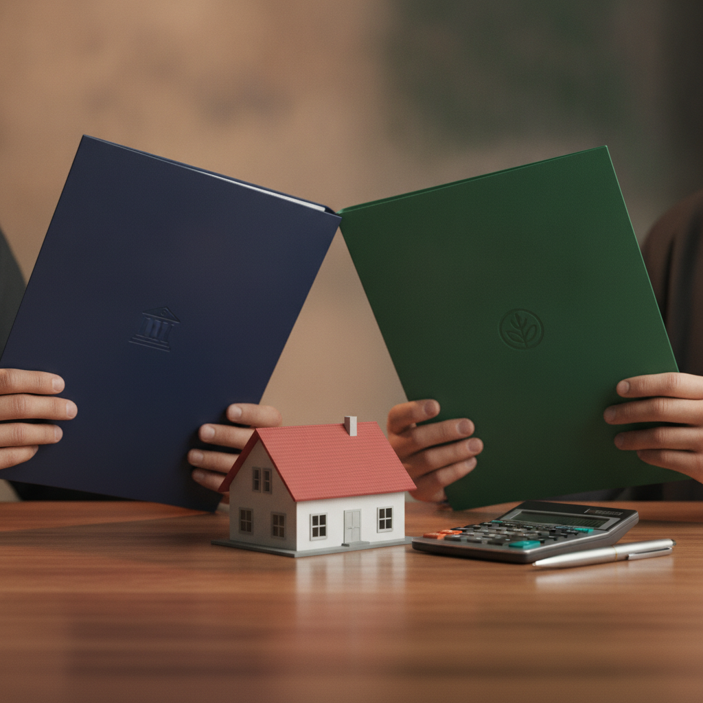 Detail shot comparing bank lender vs non bank lender folders with a calculator and house model