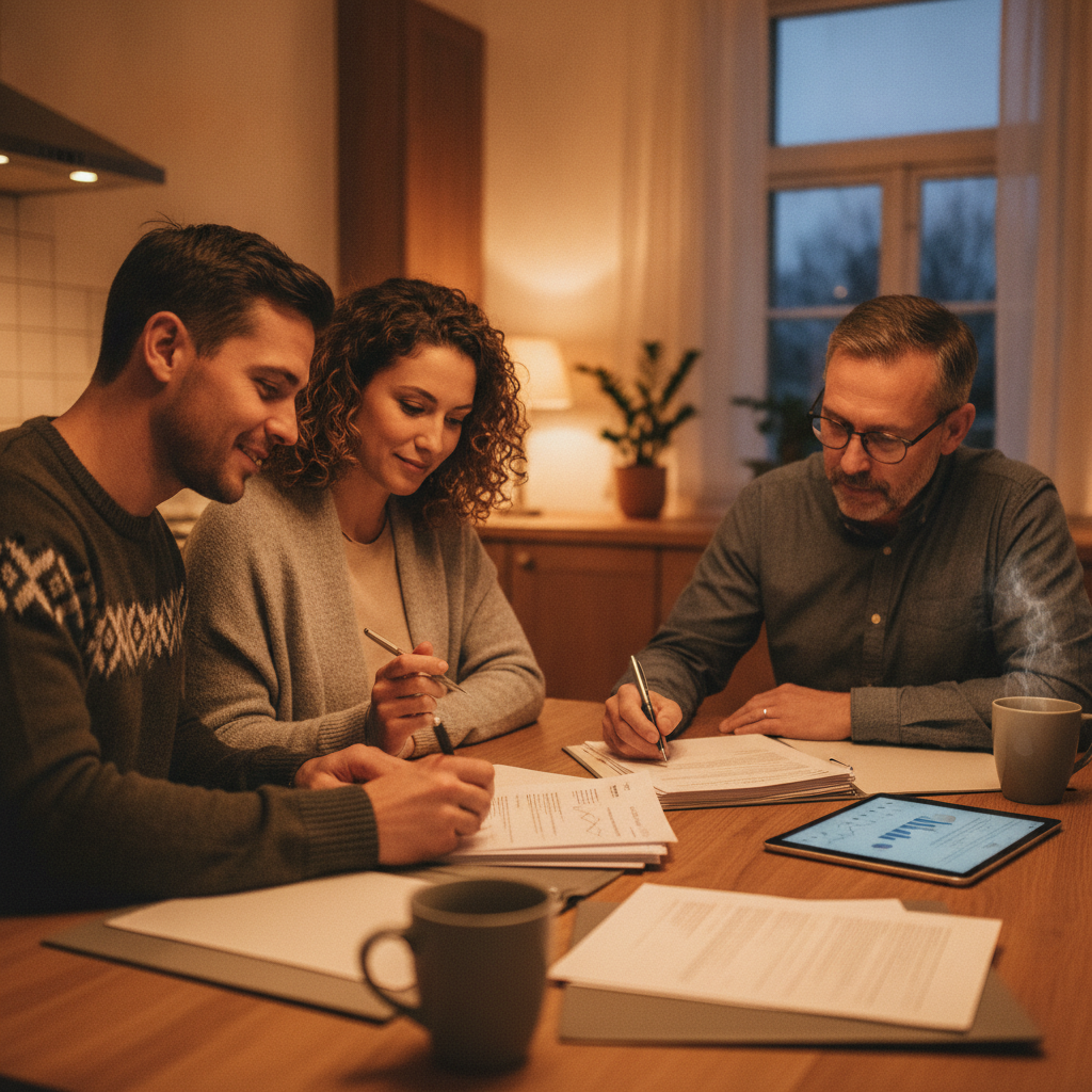 Couple reviewing a broker’s side‑by‑side comparison of bank vs non bank offers at a kitchen table