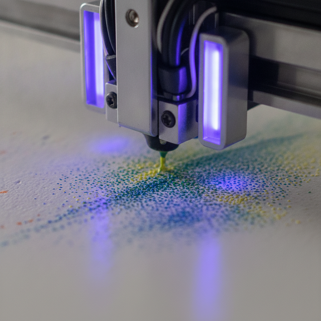 Close-up of UV print head curing ink on a primed drywall surface for large-format surface printing in Brampton