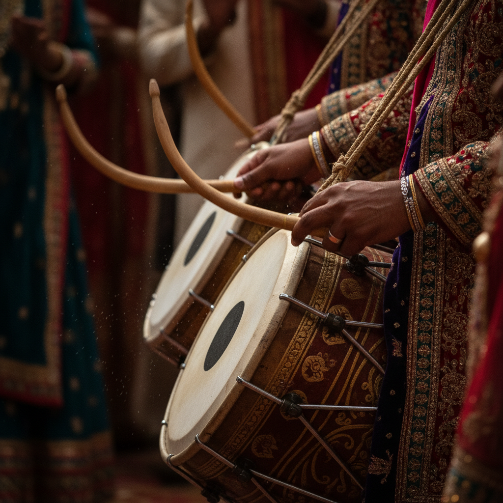 Close-up of a live dhol drummer during an Oakville baraat—tight framing ideal for wedding social reels