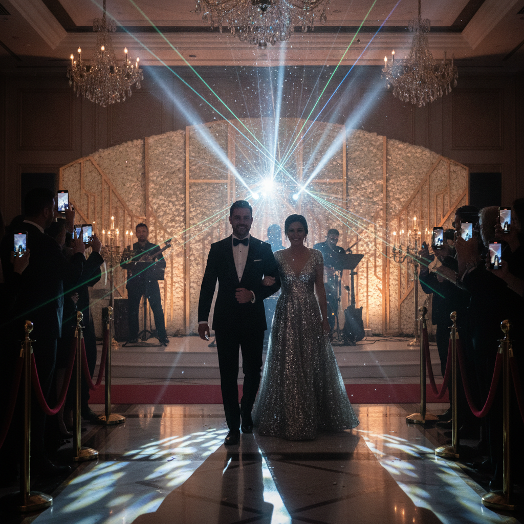 Grand entrance in an Oakville ballroom with moving-head lights and guests filming vertical videos for reels