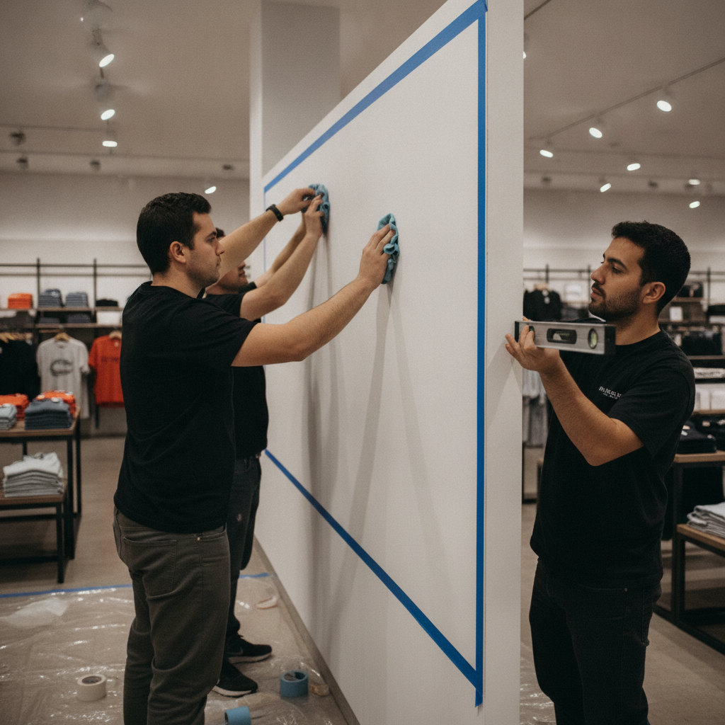 Brampton retail team masking and cleaning walls during surface preparation before UV wall printing