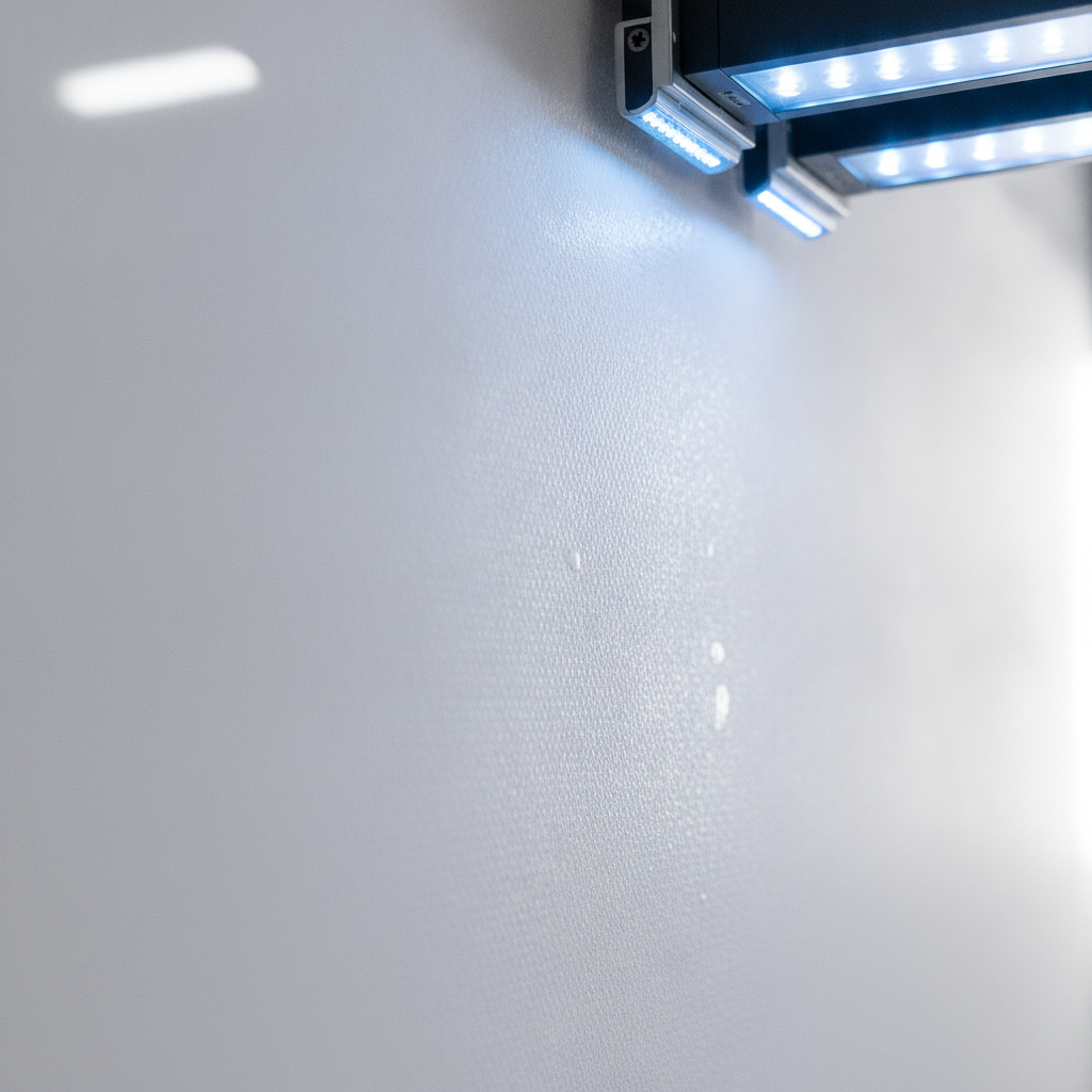 Close-up macro of UV print carriage curing ink on a smooth painted drywall surface for Ontario wall printing