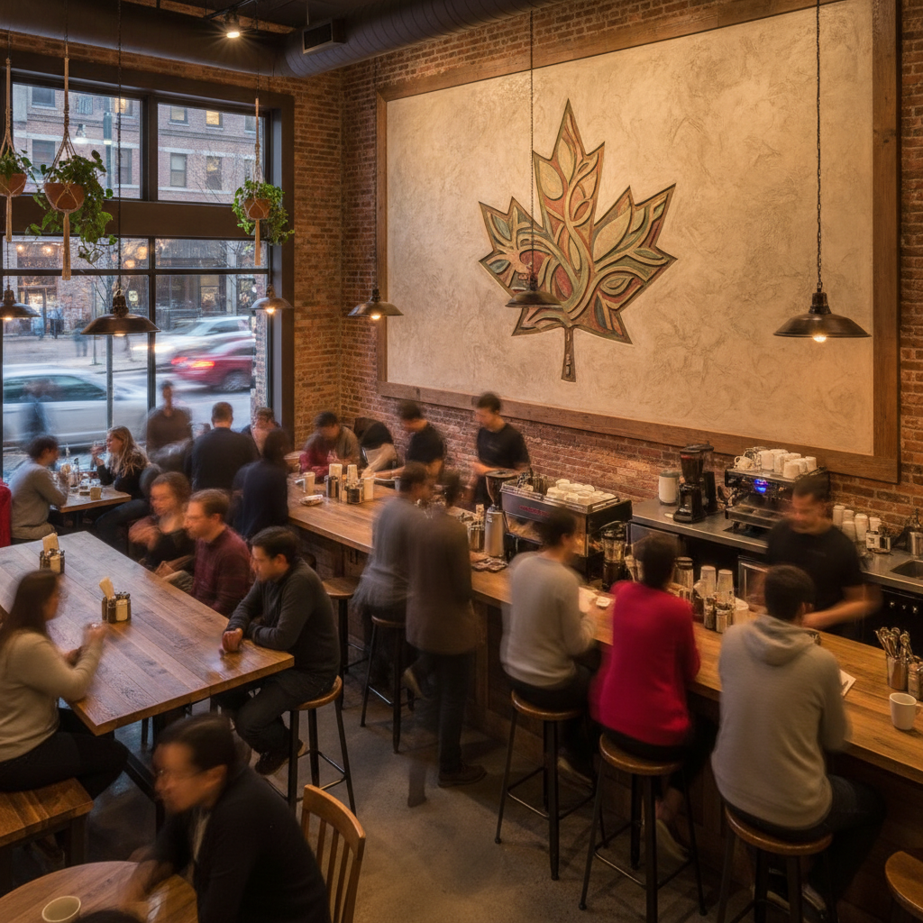 Ontario cafe interior with a branded feature wall printed directly onto plaster using UV wall printing