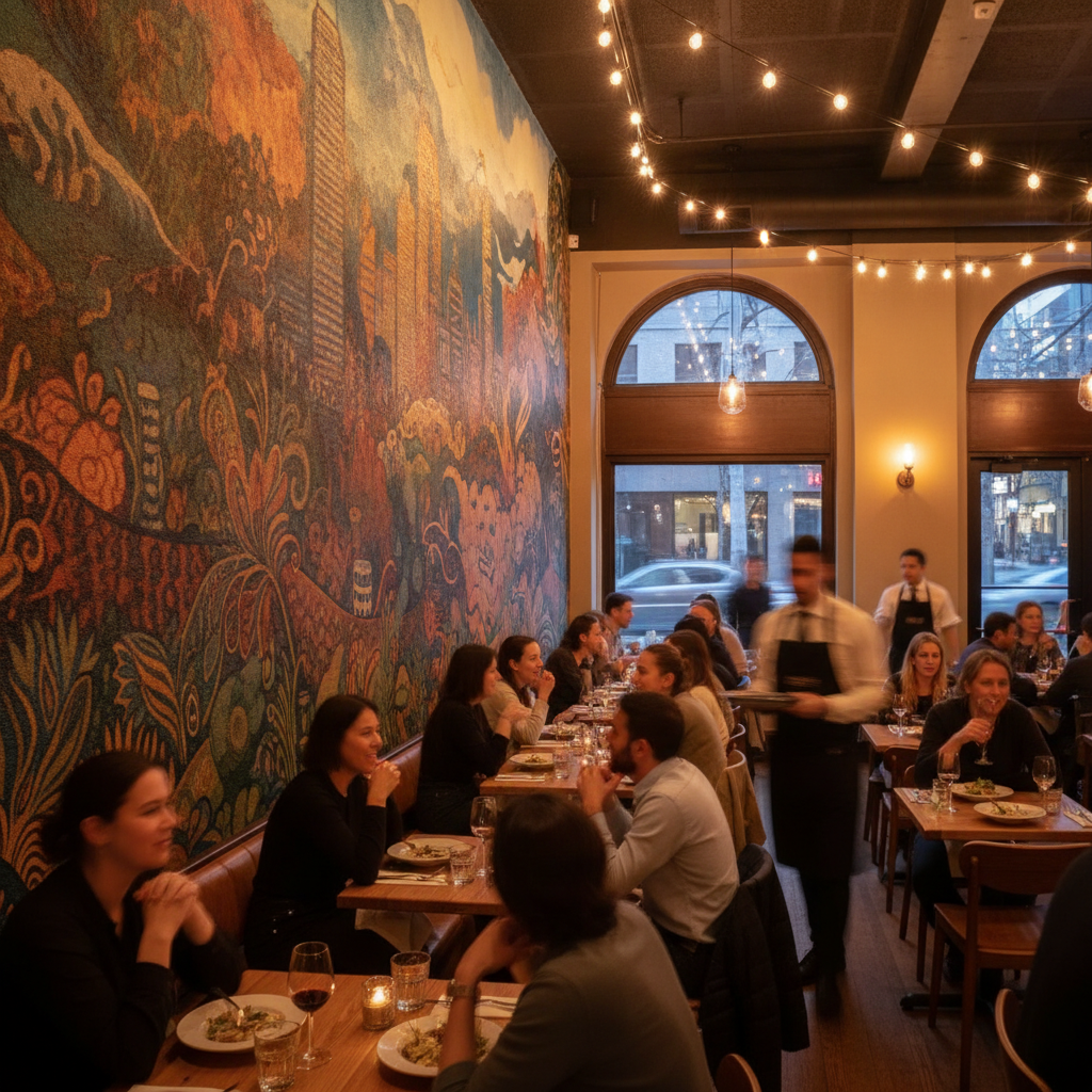 Brampton-area restaurant with durable direct-to-wall UV mural performing in a busy dining room