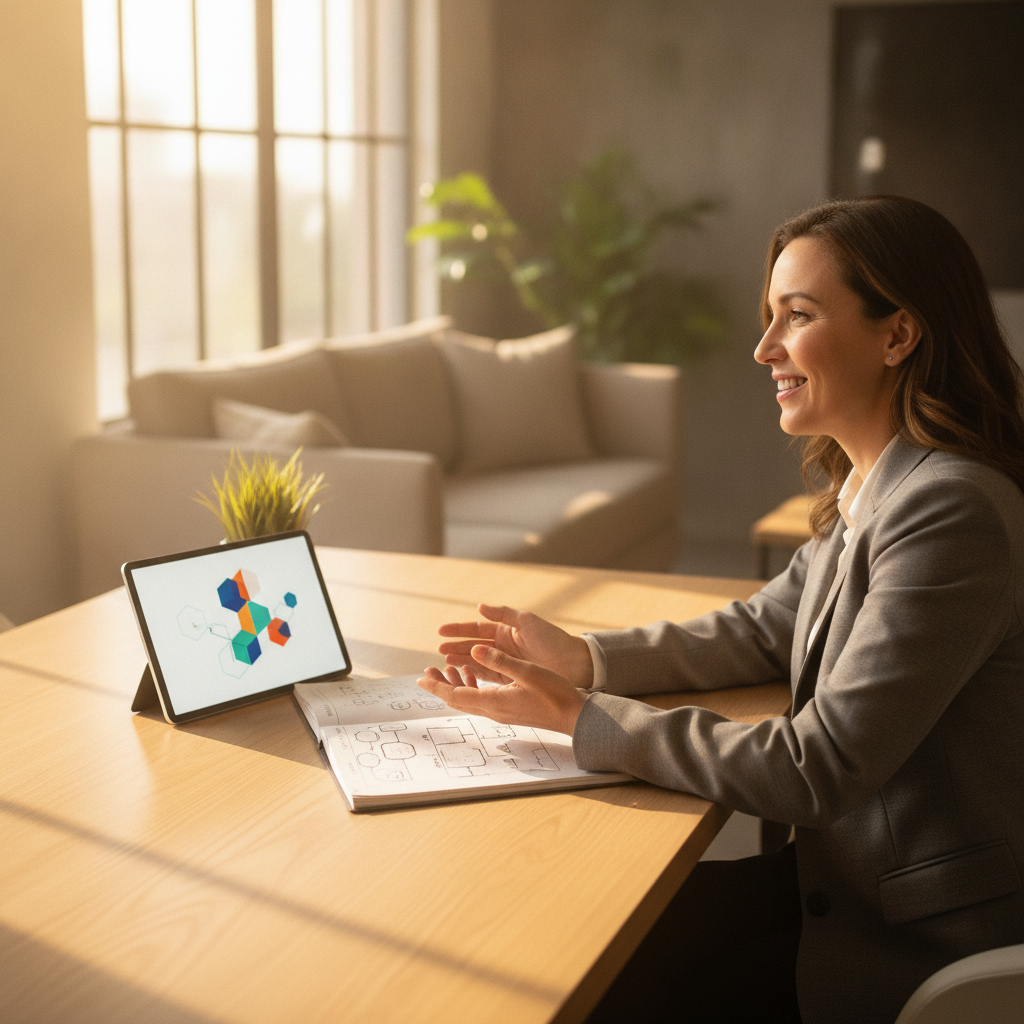 Mortgage broker and client reviewing a borrowing capacity scenario in a professional office